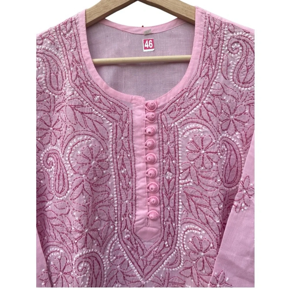 Chikankari Hand-Embroidered Straight Pink Kurti Tunic size 42, US L. NEW - Picture 5 of 16